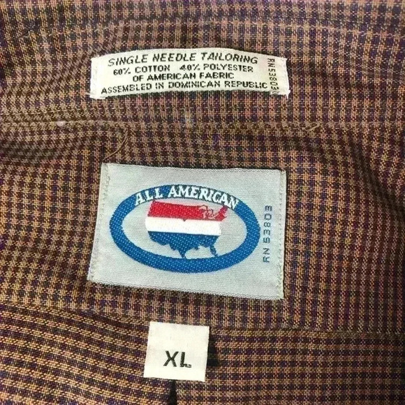All American VTG Long Sleeve Brown/Gold, Purple Checked Button Up Shirt Size XL - Picture 6 of 7